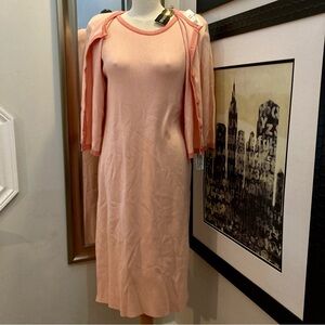 Nina Leonard peach knit sweater dress with attached cardigan coordinated set